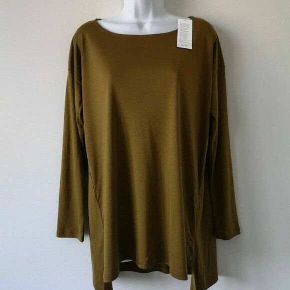 NWT EILEEN FISHER Gold Leaf Tencel Interlock Ballet Neck Box Top Medium - Picture 1 of 6